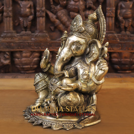 Brass Ganesh seated on Base, Blessing Posture, Golden Finish, 14"