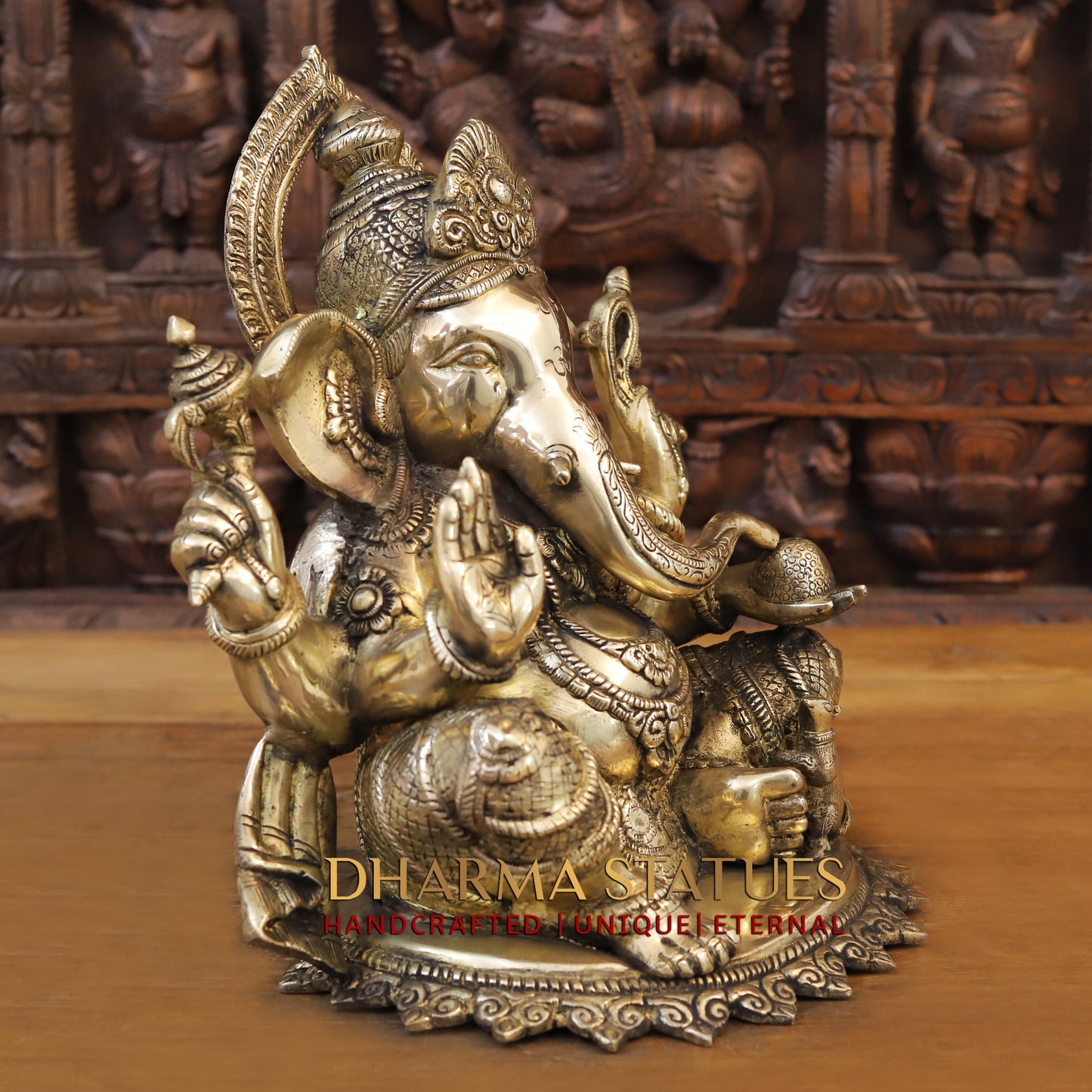 Brass Ganesh seated on Base, Blessing Posture, Golden Finish, 14"