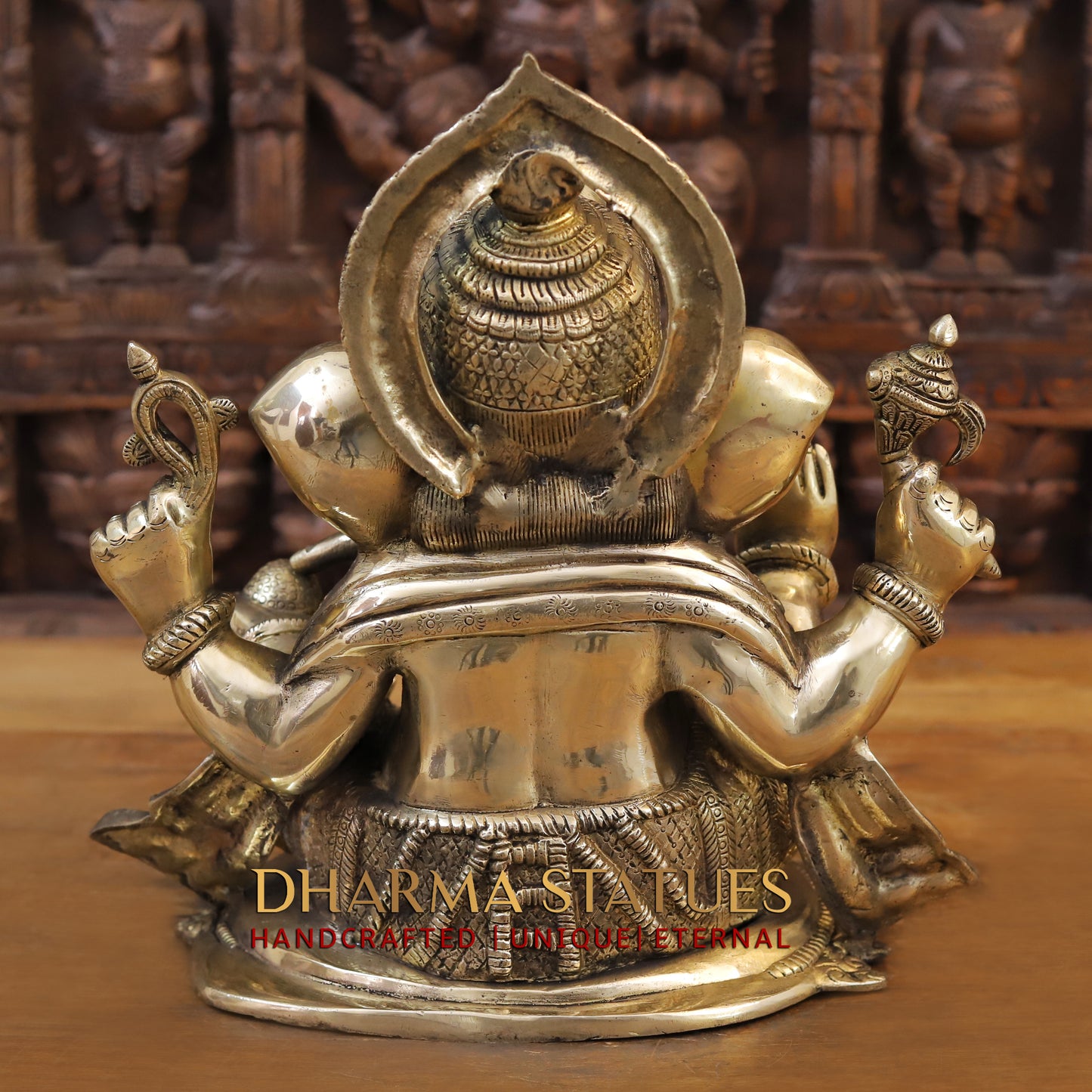 Brass Ganesh seated on Base, Blessing Posture, Golden Finish, 14"