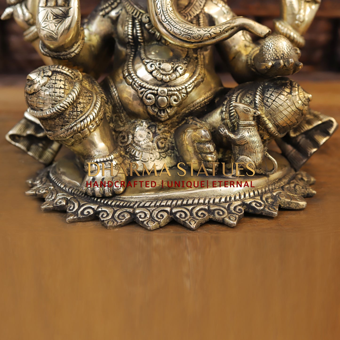 Brass Ganesh seated on Base, Blessing Posture, Golden Finish, 14"