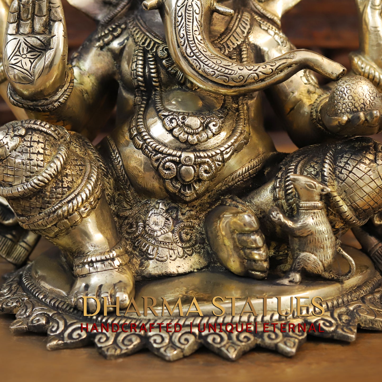 Brass Ganesh seated on Base, Blessing Posture, Golden Finish, 14"