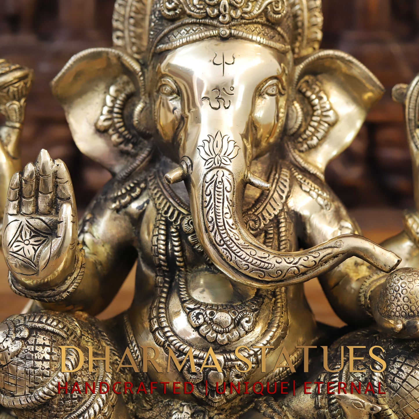 Brass Ganesh seated on Base, Blessing Posture, Golden Finish, 14"