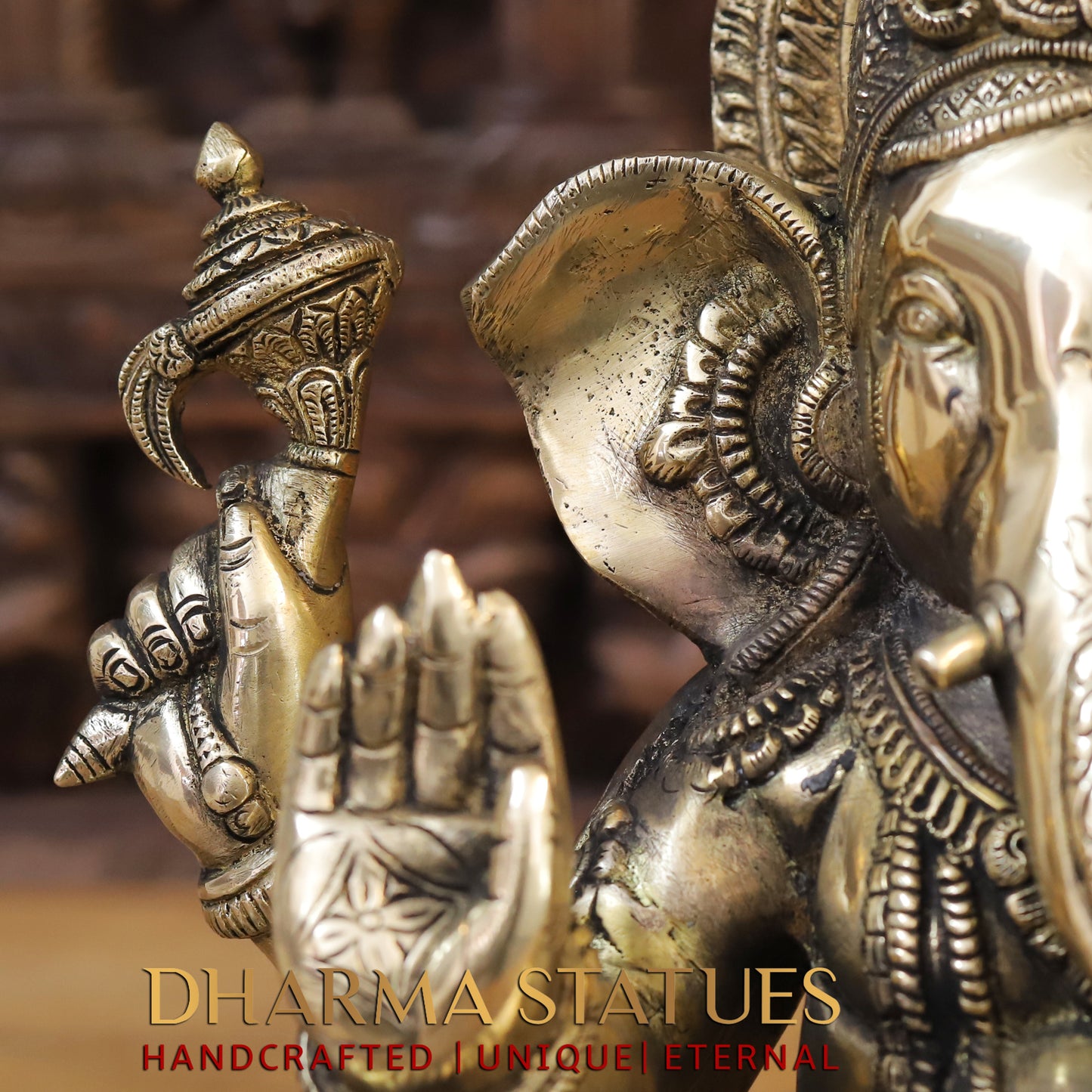 Brass Ganesh seated on Base, Blessing Posture, Golden Finish, 14"