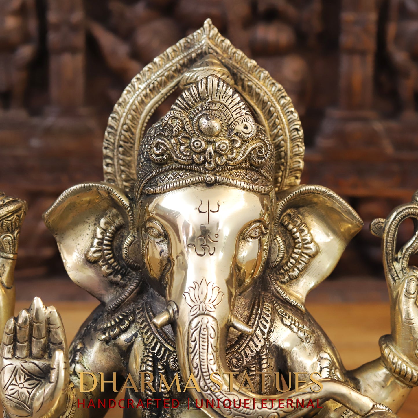 Brass Ganesh seated on Base, Blessing Posture, Golden Finish, 14"