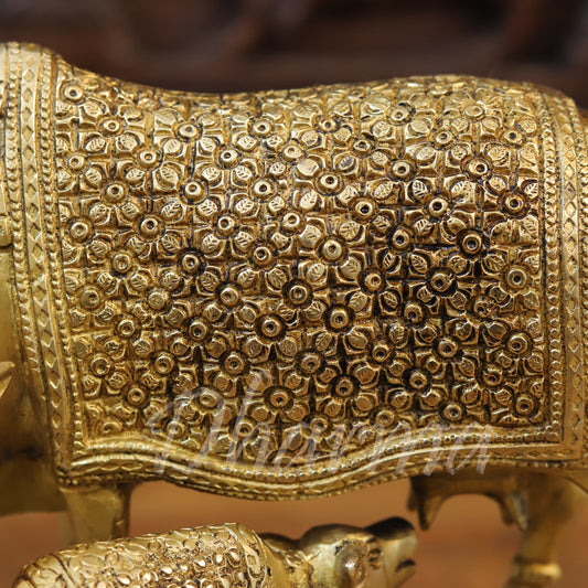Brass Cow Feeding His Calf, Fine Golden Finish, 9.5"