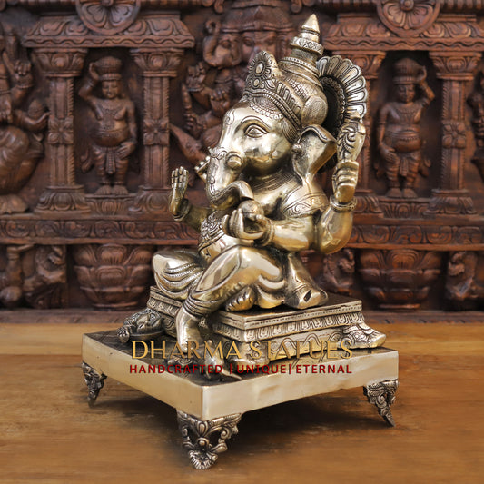 Brass Ganesh seated on Chowki, Blessing Posture, 19"
