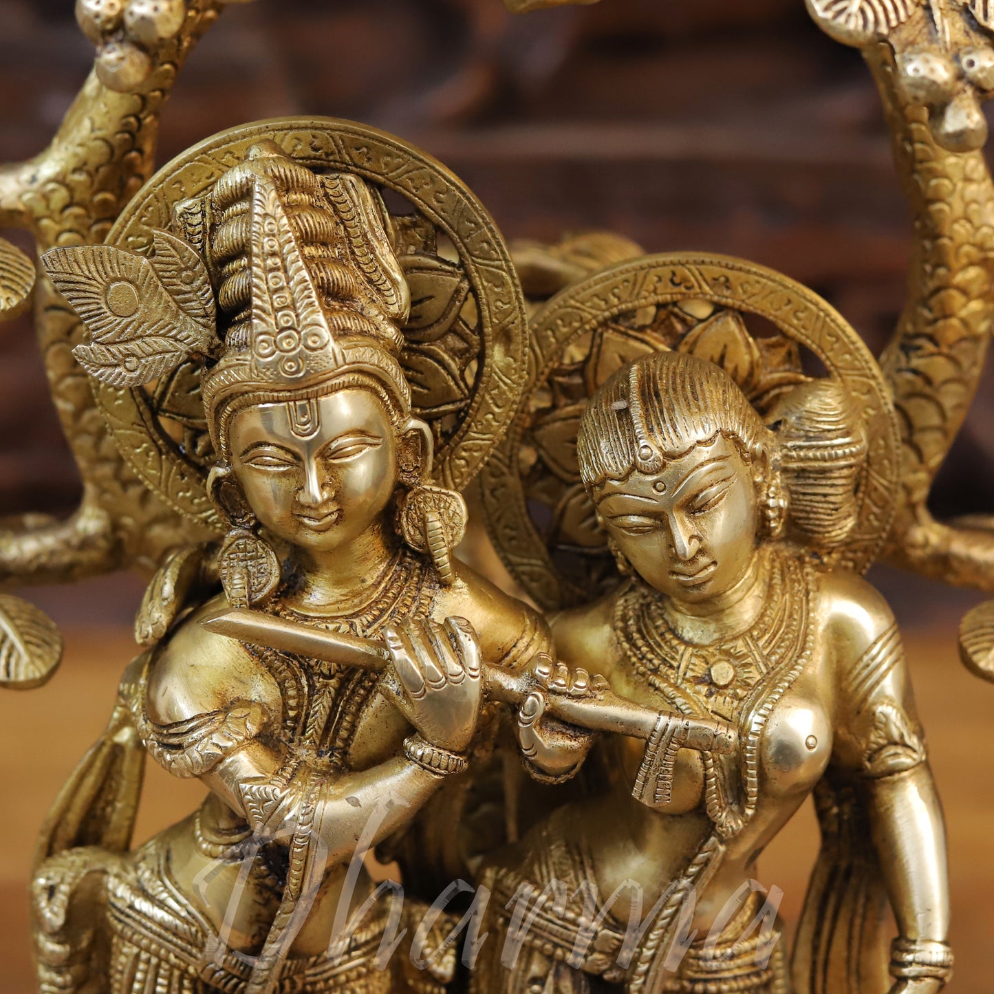 Brass Radha & Krishna Playing Flute Under Tree, Golden Finish, 16.5"