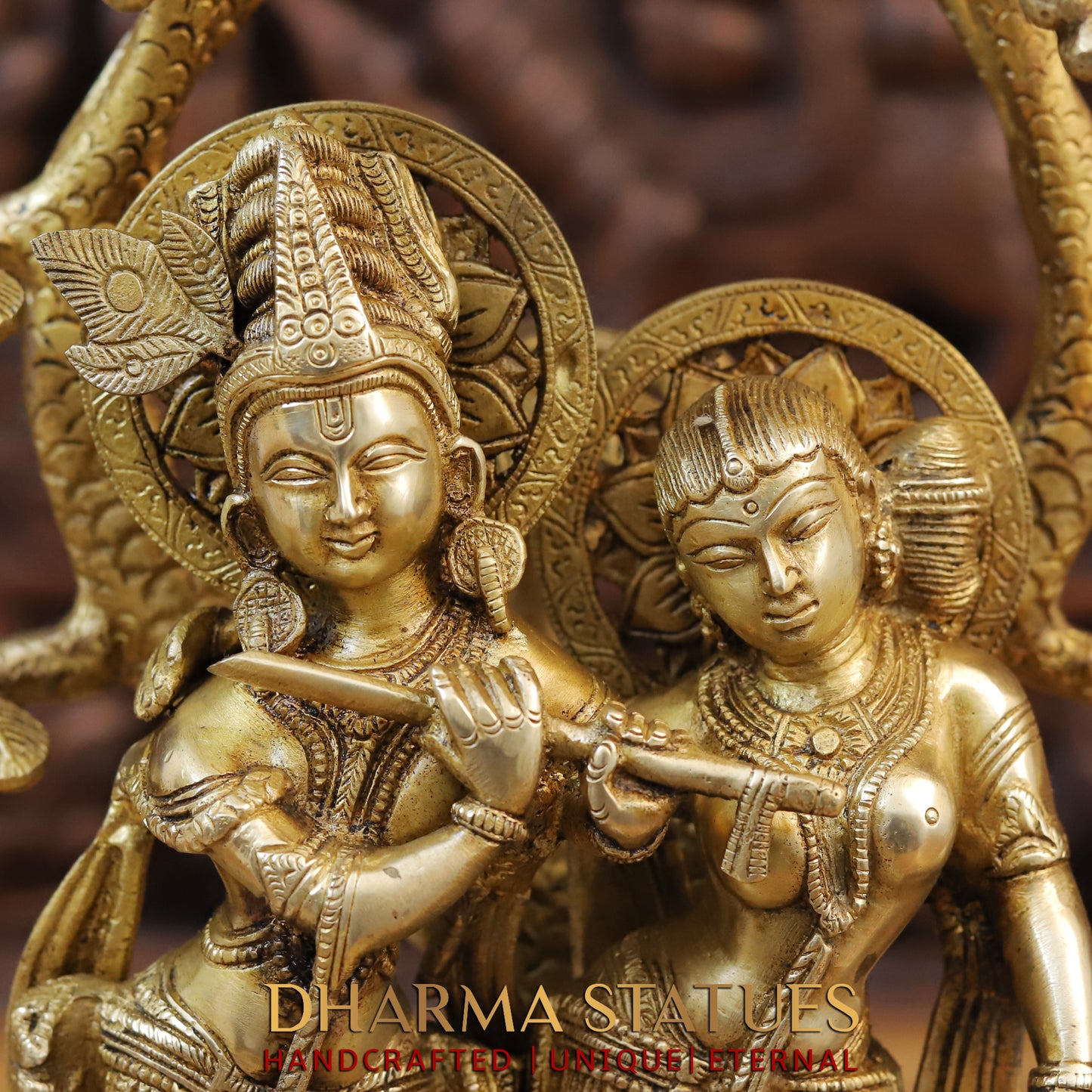 Brass Radha & Krishna Playing Flute Under Tree, Golden Finish, 16.5"