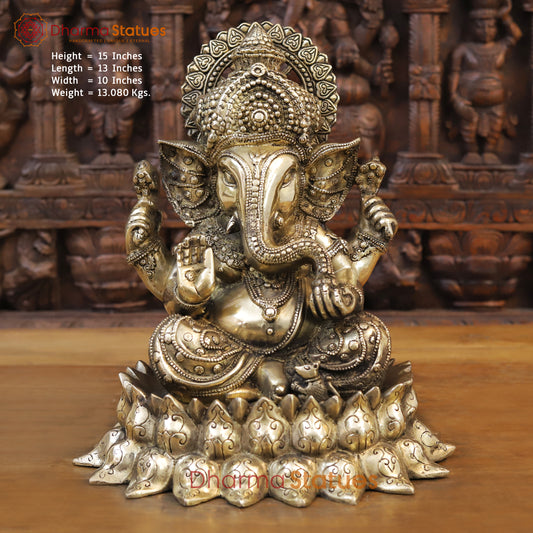 Brass Ganesh seated on Lotus, Blessing Position, Golden Finish, 15"