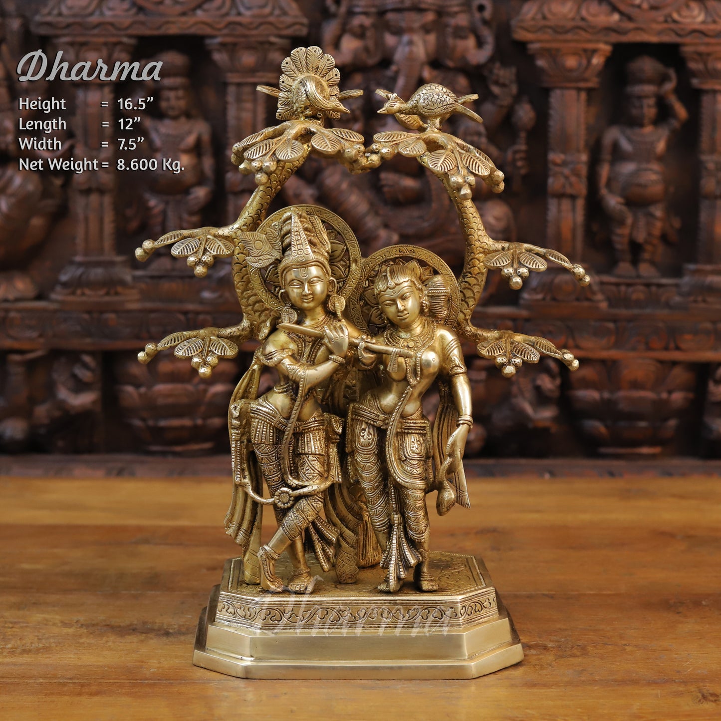 Brass Radha & Krishna Playing Flute Under Tree, Golden Finish, 16.5"