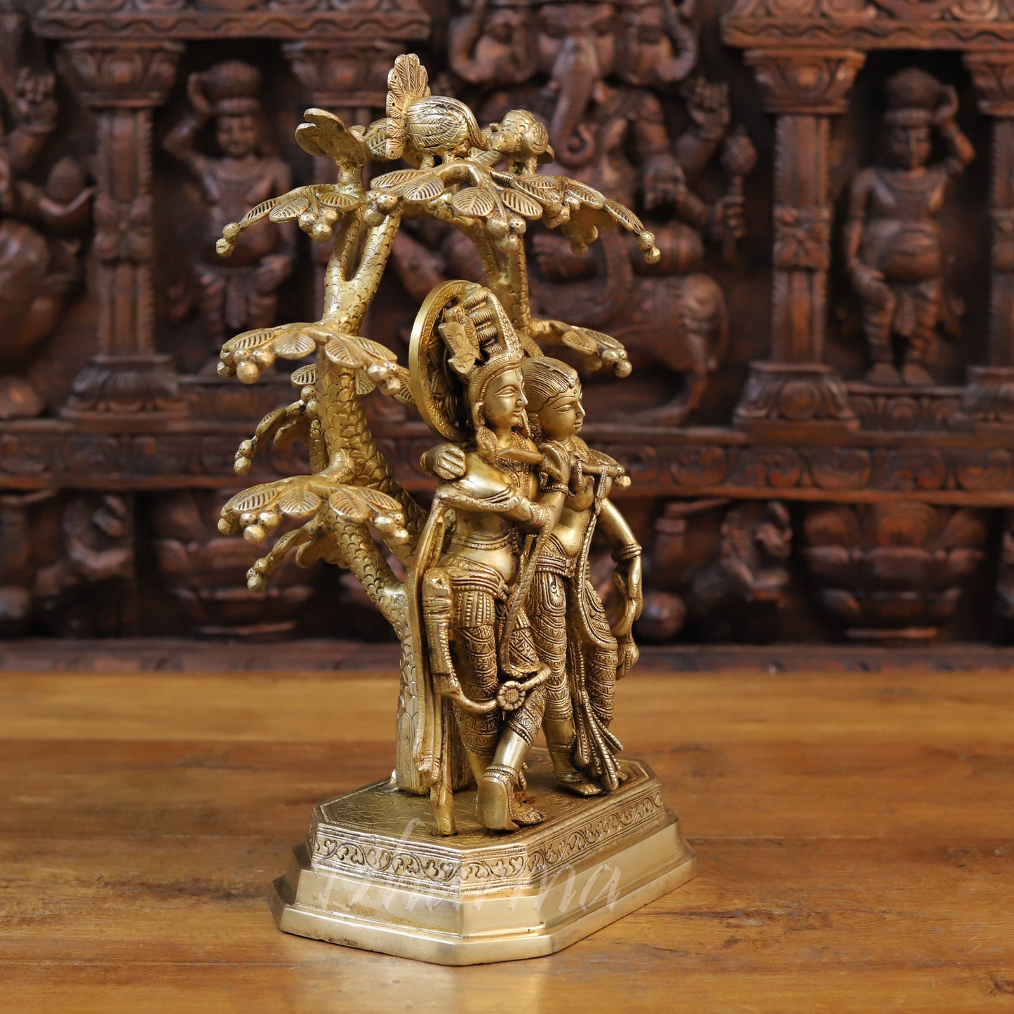 Brass Radha & Krishna Playing Flute Under Tree, Golden Finish, 16.5"