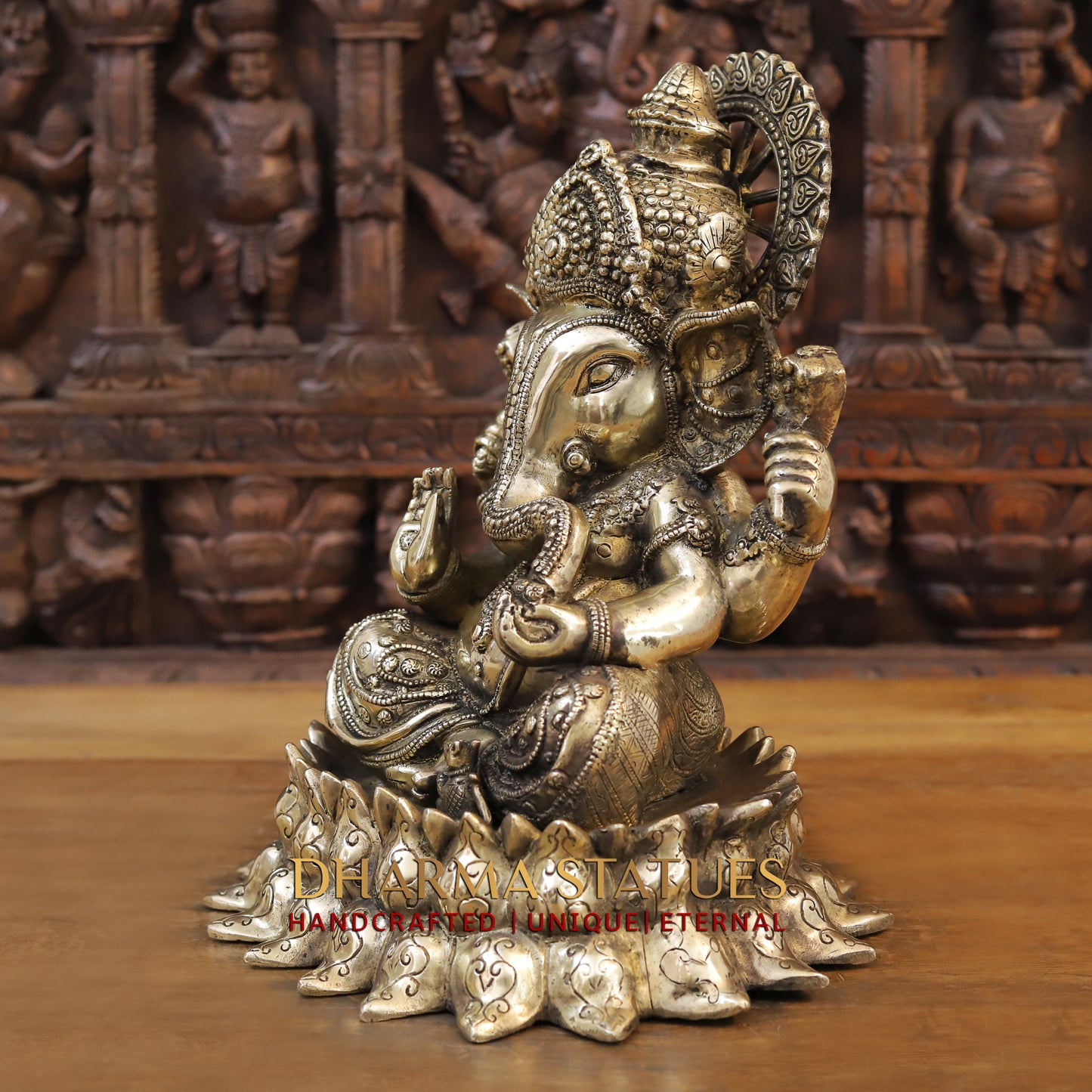 Brass Ganesh seated on Lotus, Blessing Position, Golden Finish, 15"