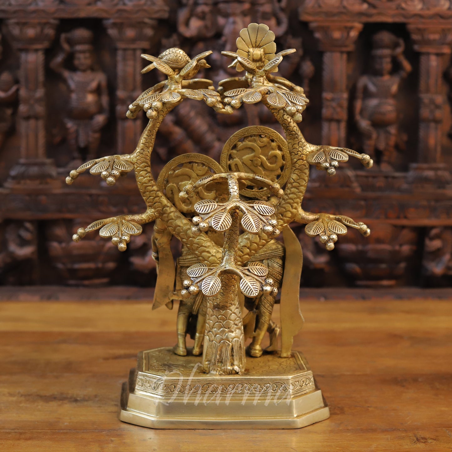 Brass Radha & Krishna Playing Flute Under Tree, Golden Finish, 16.5"