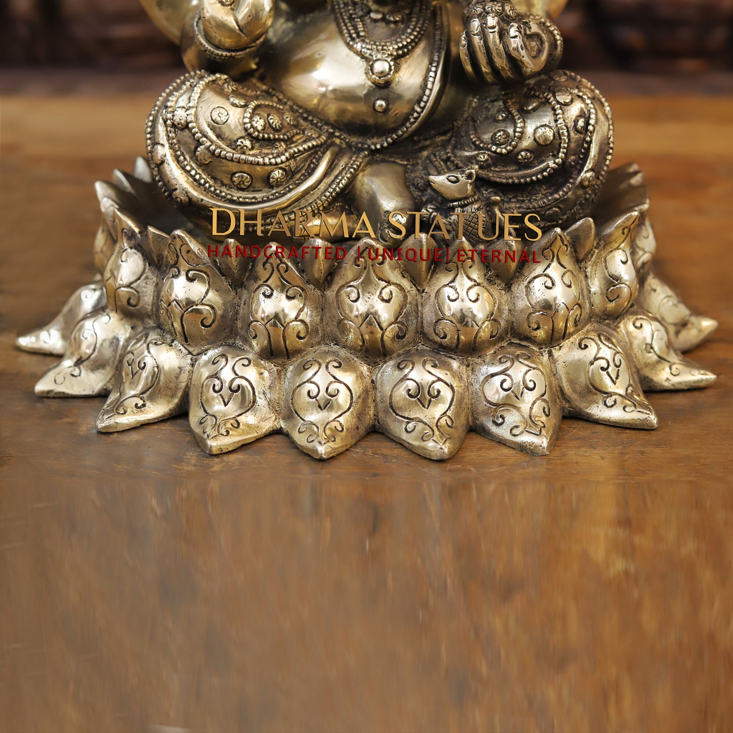 Brass Ganesh seated on Lotus, Blessing Position, Golden Finish, 15"