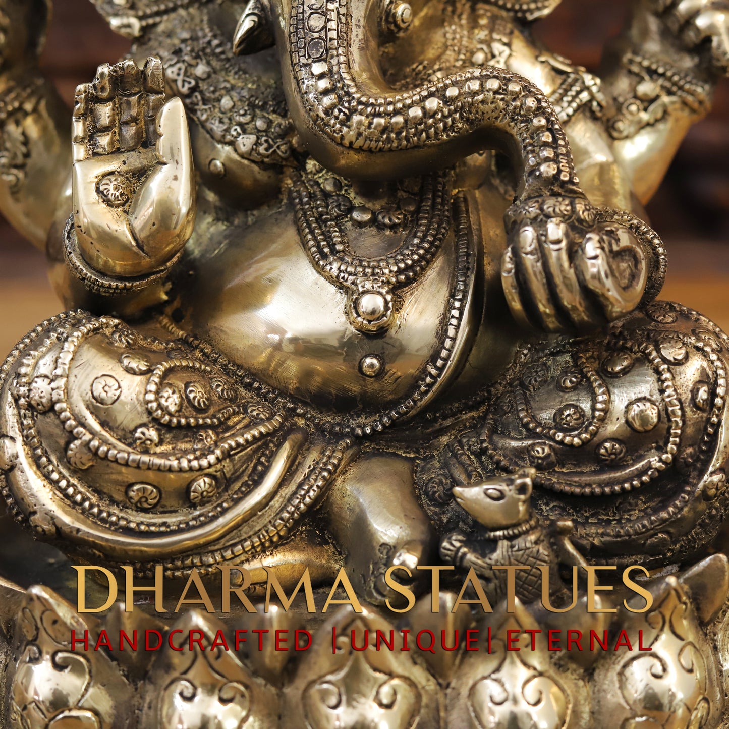 Brass Ganesh seated on Lotus, Blessing Position, Golden Finish, 15"