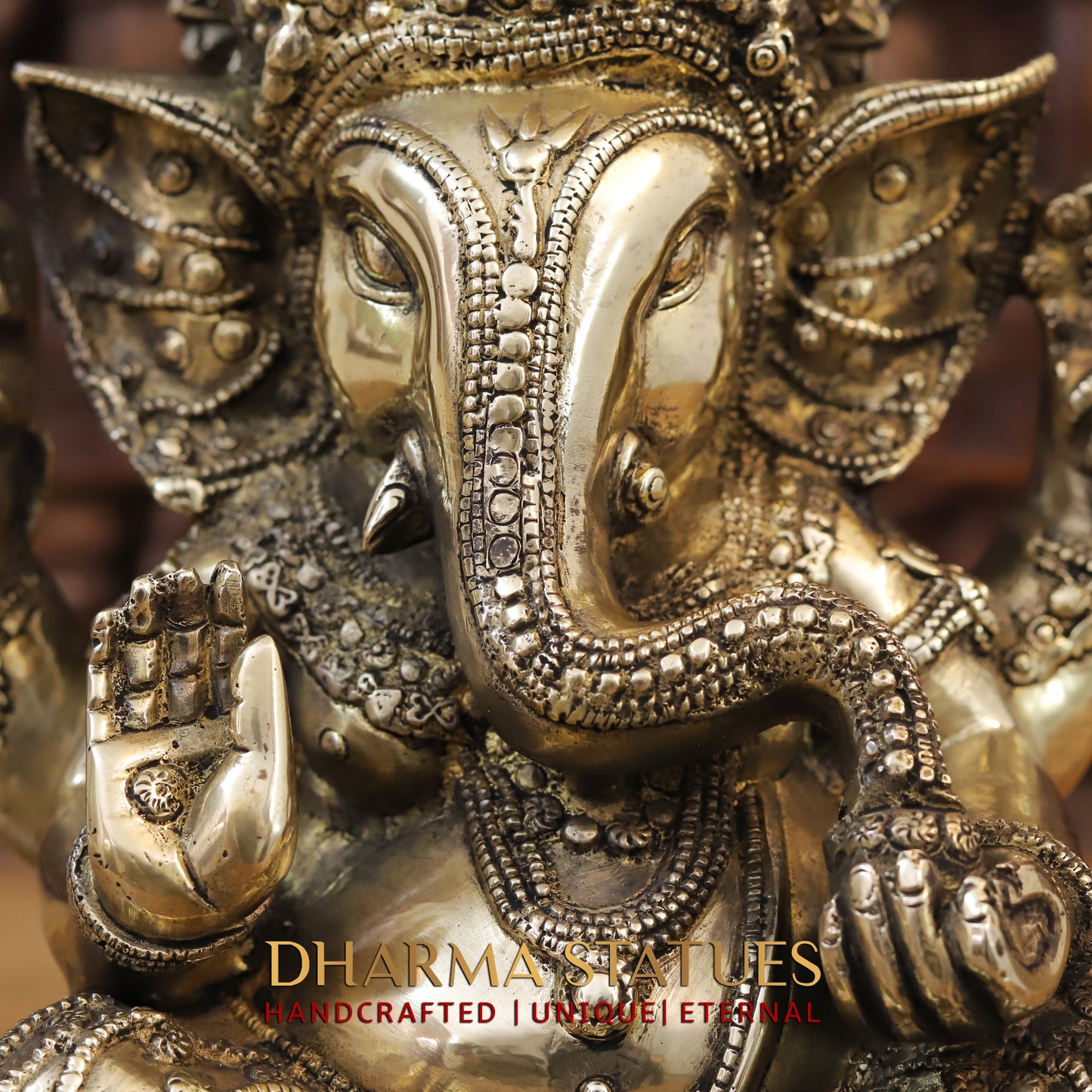 Brass Ganesh seated on Lotus, Blessing Position, Golden Finish, 15"