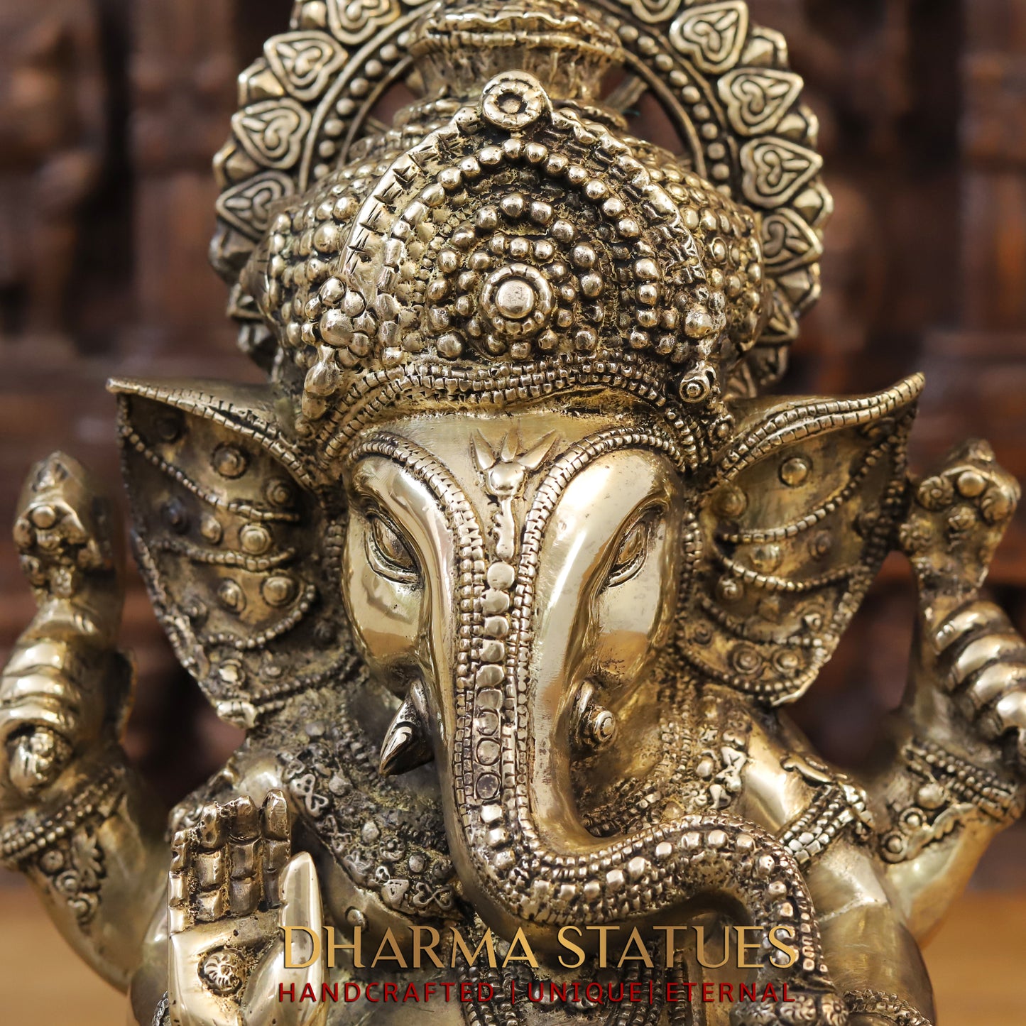 Brass Ganesh seated on Lotus, Blessing Position, Golden Finish, 15"