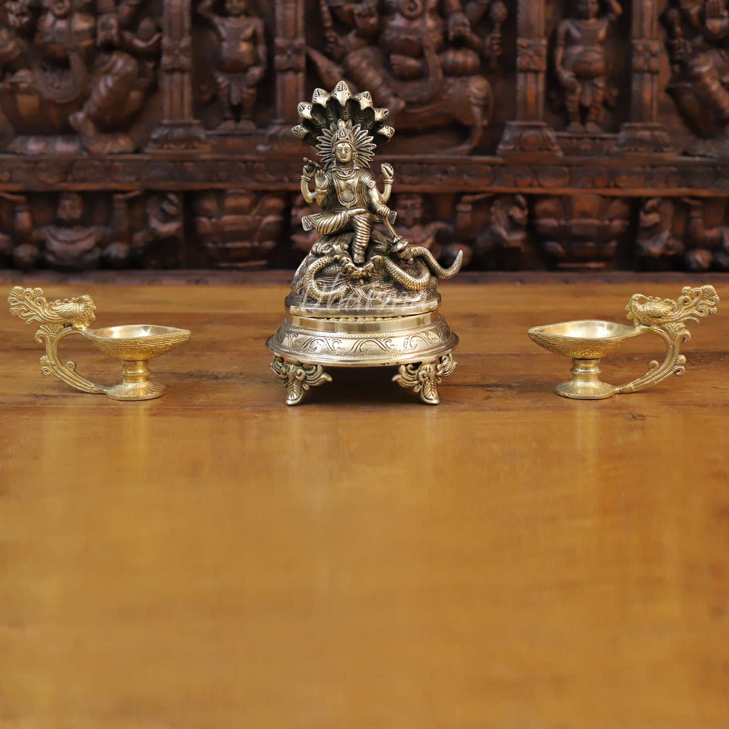 Brass Lord Vishnu Idol Sitting on Sheshnag, Fine Golden Finish, 8"