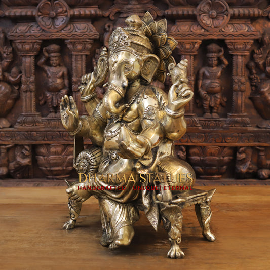 Brass Ganesh seated on Chowki, Blessing posture, Golden Finish, 20"