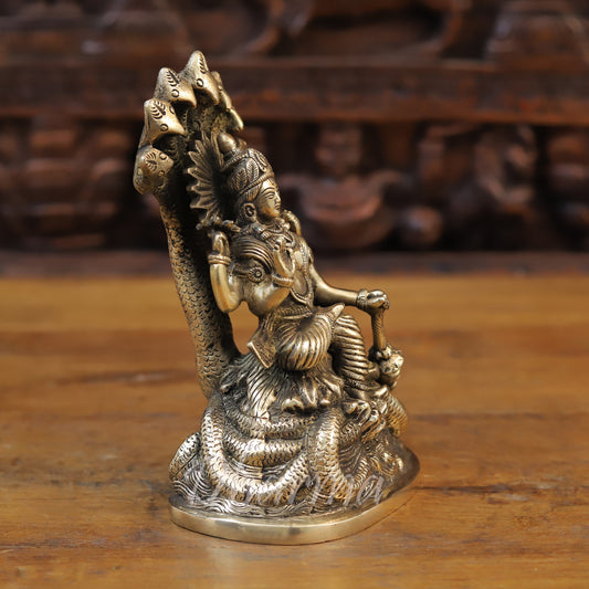 Brass Lord Vishnu Idol Sitting on Sheshnag, Fine Golden Finish, 8"