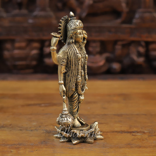 Brass Lord Vishnu Statue Standing on Lotus, Fine Golden Finish, 8.5"