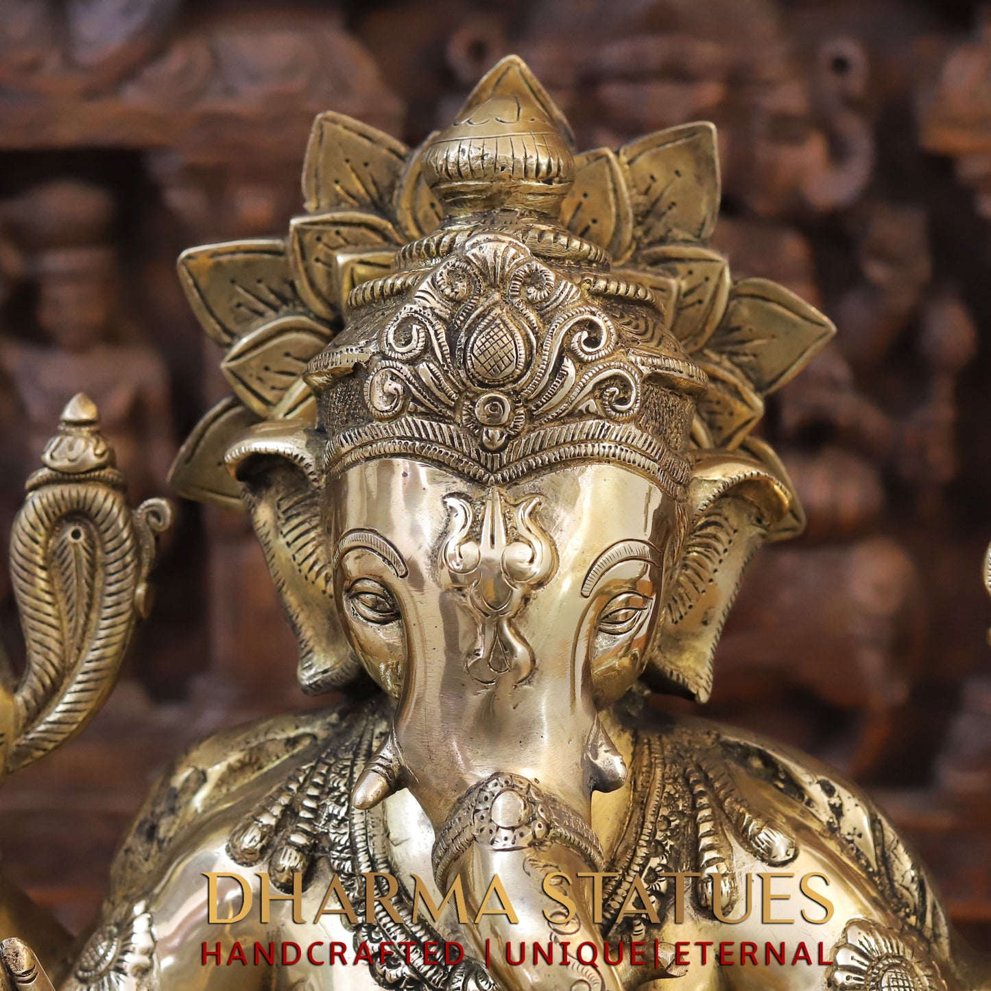 Brass Ganesh seated on Chowki, Blessing posture, Golden Finish, 20"