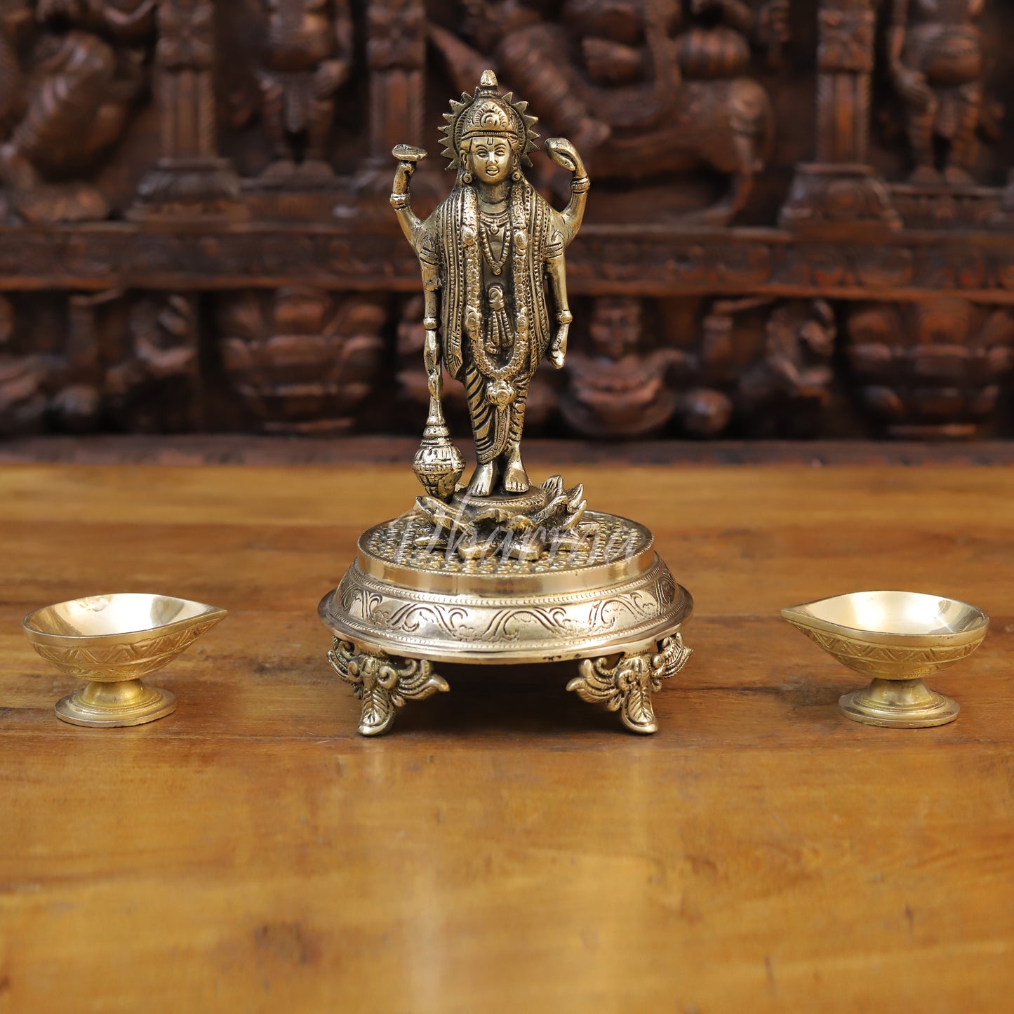 Brass Lord Vishnu Statue Standing on Lotus, Fine Golden Finish, 8.5"