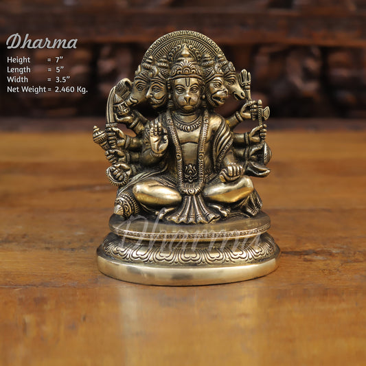 Brass Panchmukhi Hanuman Seated, Fine Golden Finish, 7"