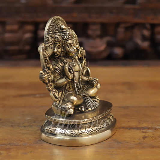 Brass Panchmukhi Hanuman Seated, Fine Golden Finish, 7"