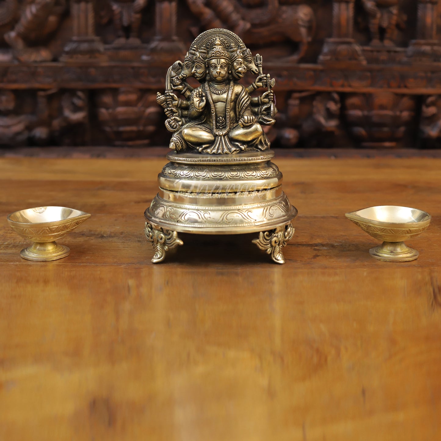 Brass Panchmukhi Hanuman Seated, Fine Golden Finish, 7"