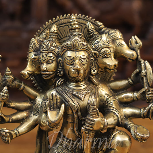 Brass Panchmukhi Hanuman Seated, Fine Golden Finish, 10"