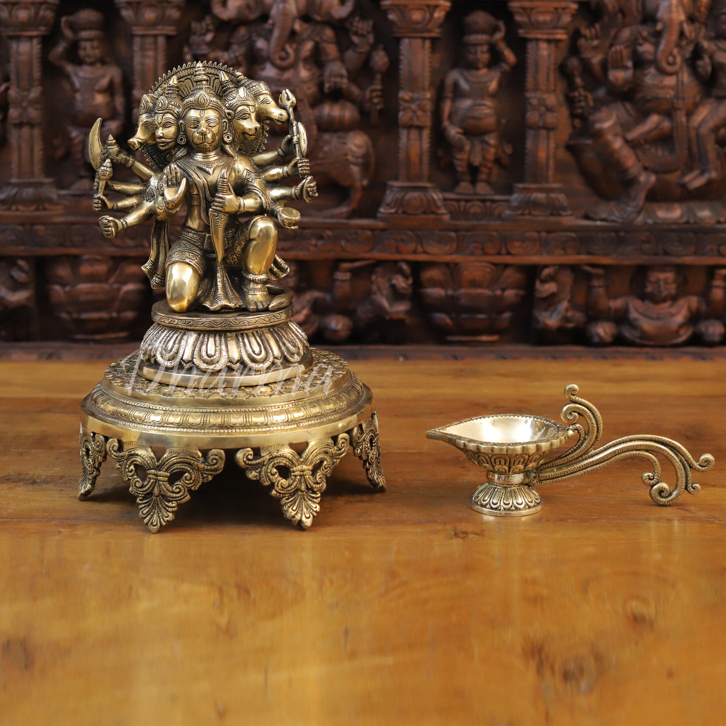 Brass Panchmukhi Hanuman Seated, Fine Golden Finish, 10"