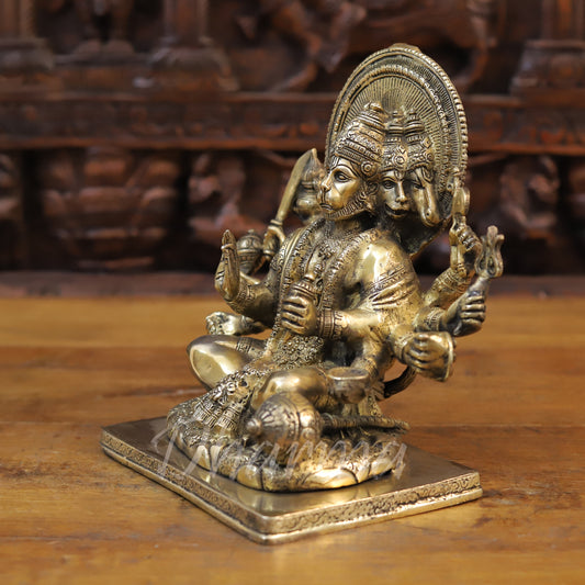 Brass Panchmukhi Hanuman Seated, Fine Golden Finish, 9"