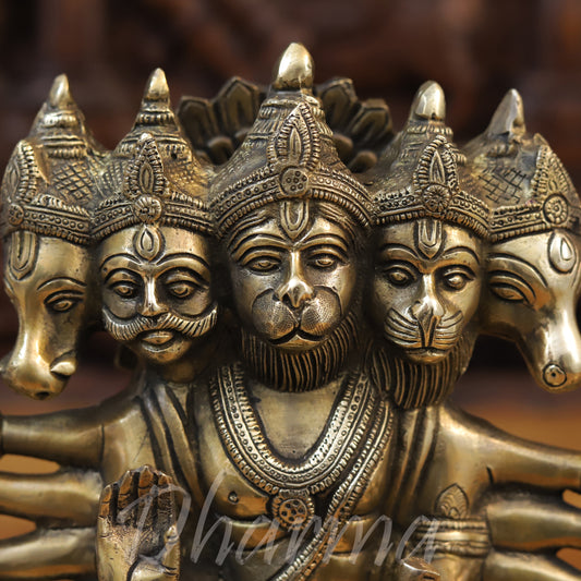Brass Panchmukhi Hanuman Seated in Blessing Posture, Fine Golden Finish, 11"