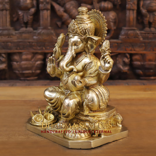 Brass Ganesh seated, Blessing Posture, Golden Finish, 12"