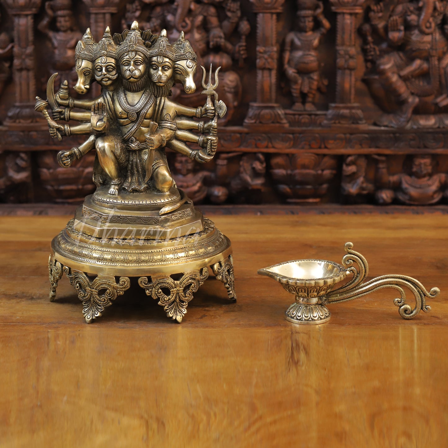 Brass Panchmukhi Hanuman Seated in Blessing Posture, Fine Golden Finish, 11"