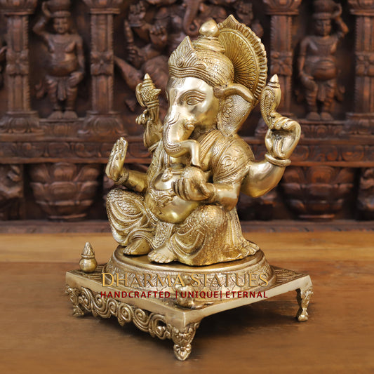 Brass Ganesh seated on Chowki, Blessing Posture, Golden Finish, 15.5"