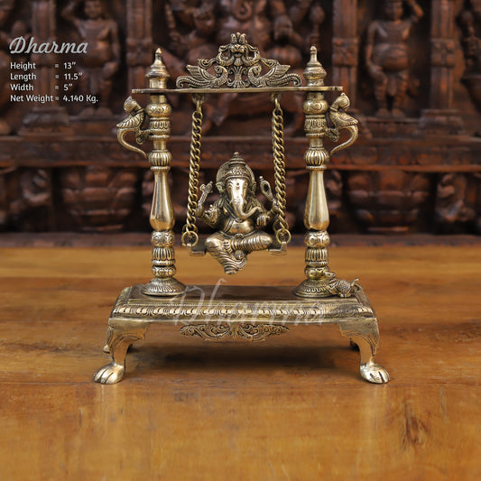 Brass Ganesh on Swing, Golden Finish, 13"