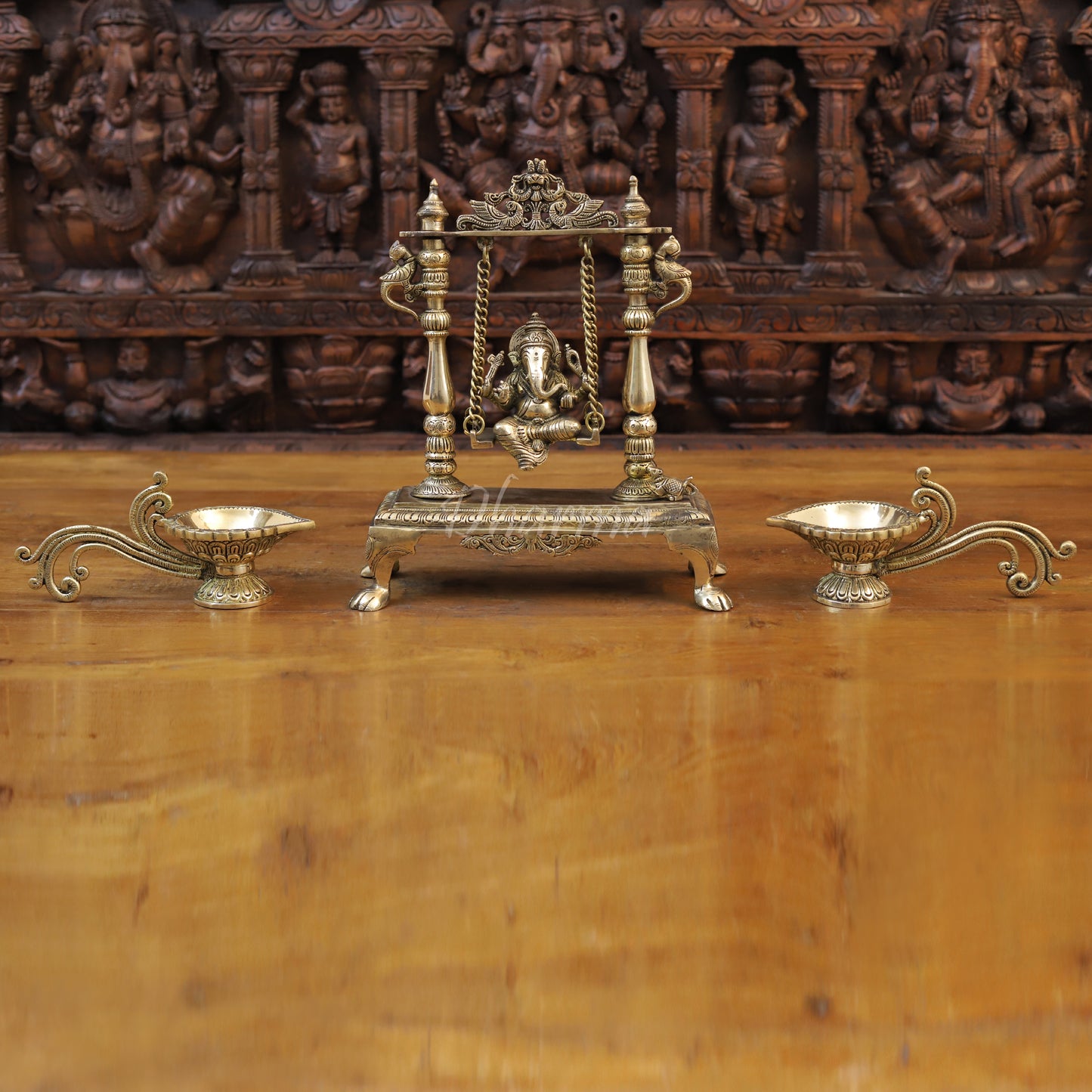 Brass Ganesh on Swing, Golden Finish, 13"