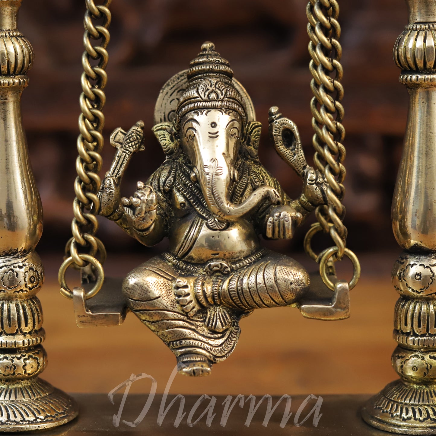 Brass Ganesh on Swing, Golden Finish, 13"