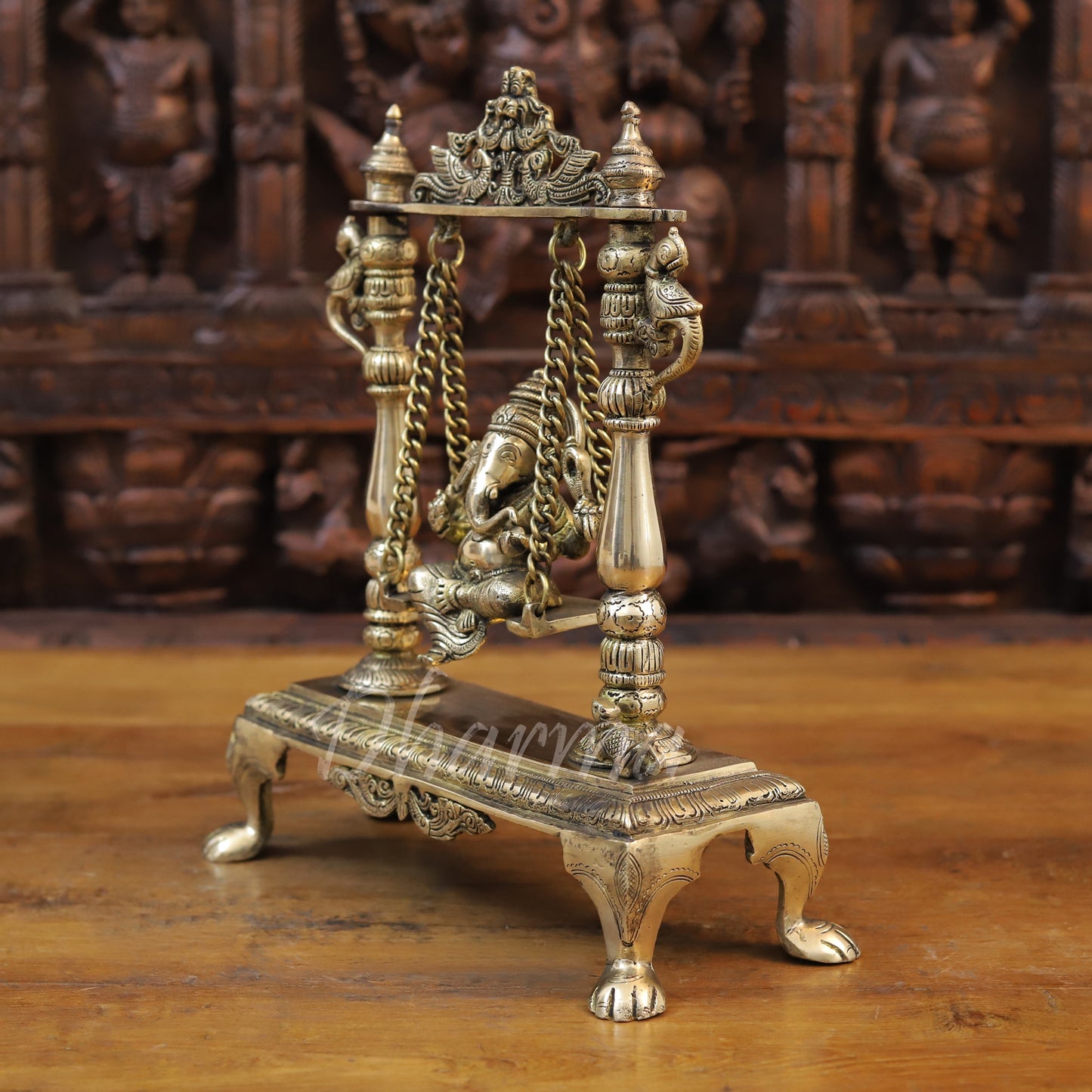 Brass Ganesh on Swing, Golden Finish, 13"