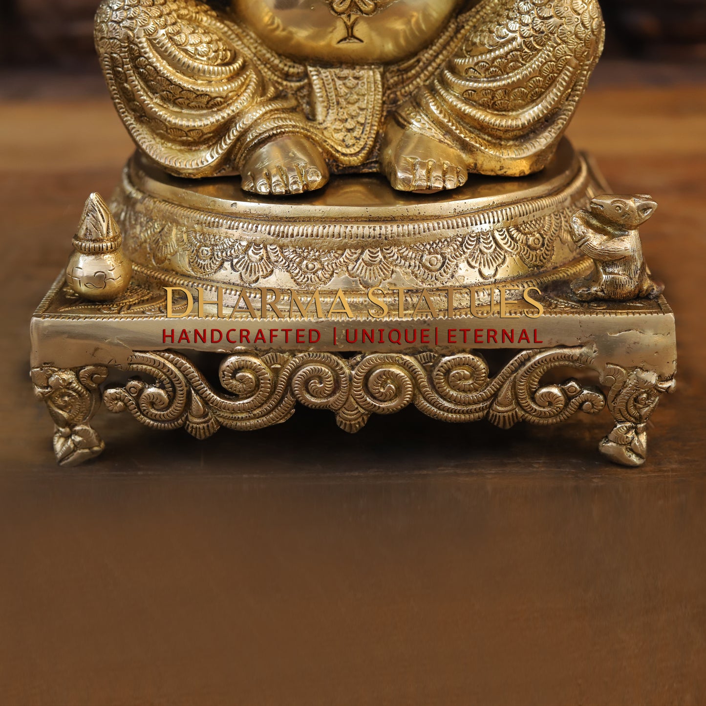 Brass Ganesh seated on Chowki, Blessing Posture, Golden Finish, 15.5"