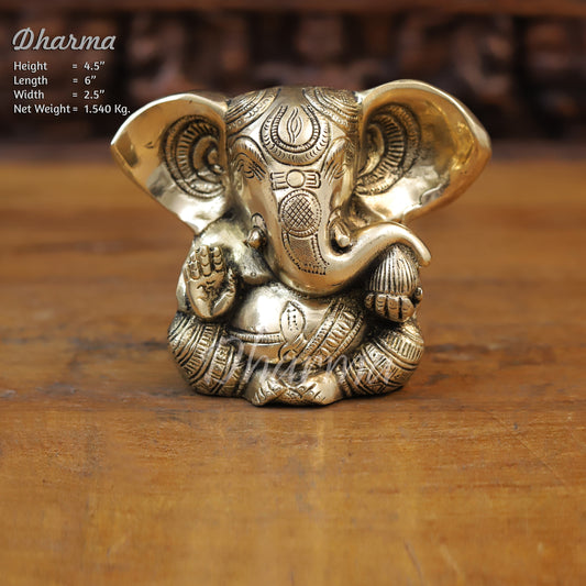 Brass Ganesh seated, Blessing Posture, Golden Finish, 4.5"