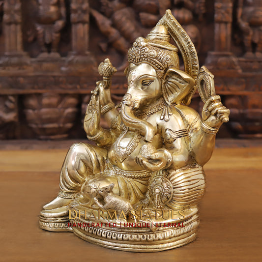 Brass Ganesh seated, Blessing Posture, Golden Finish, 12"