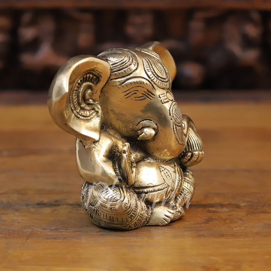 Brass Ganesh seated, Blessing Posture, Golden Finish, 4.5"