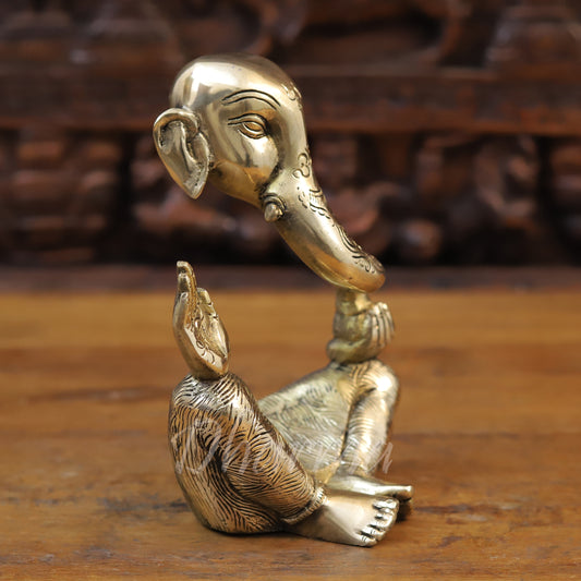 Brass Modern Ganesh seated in Blessing Posture, Golden Finish, 8"