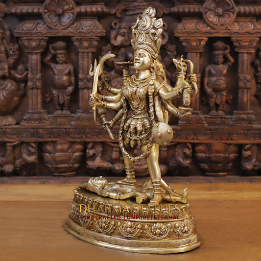 Brass Mahakaali, Durga Killing the Demon, Golden Finish, 20"