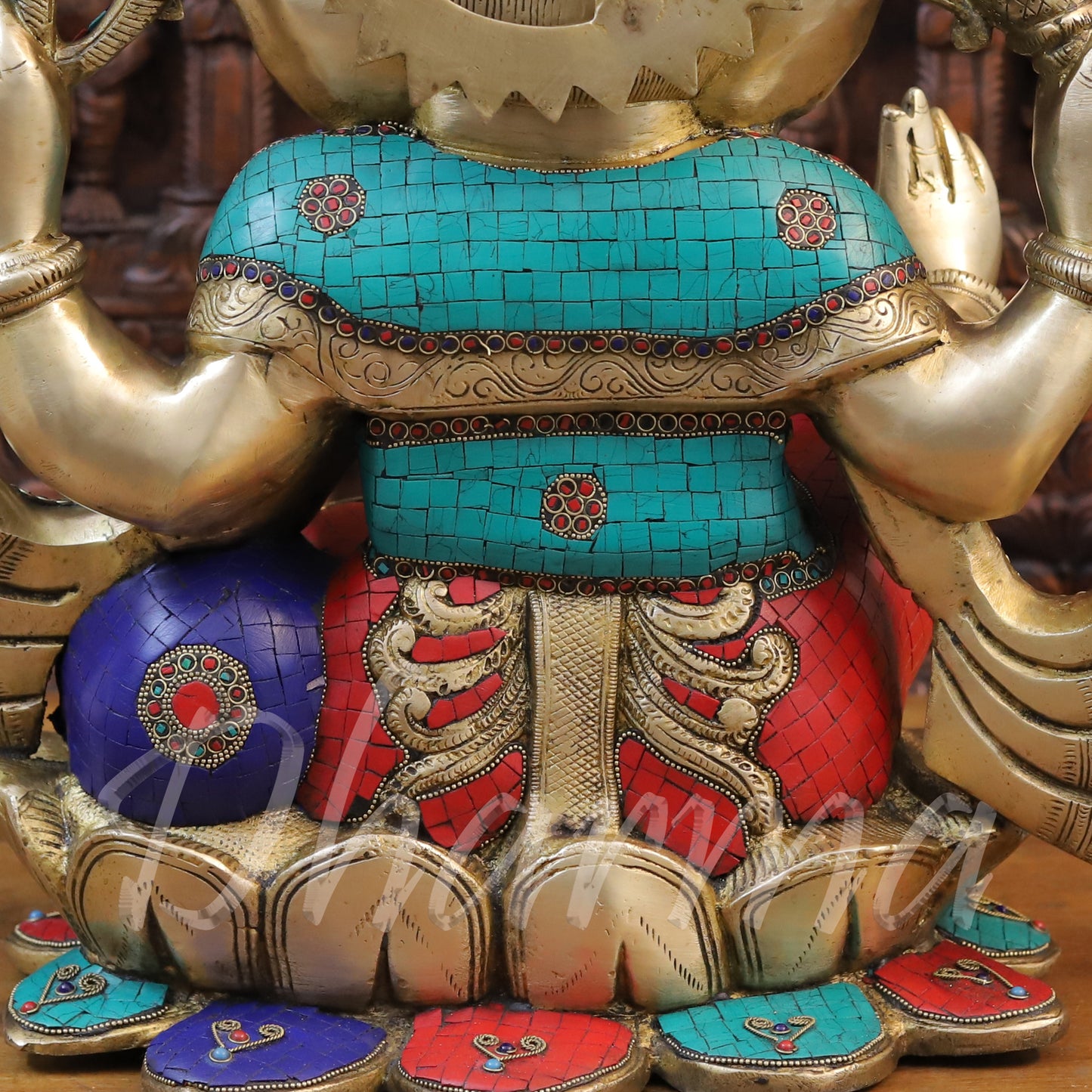 Brass Ganesh seated on Lotus, Stonework & Golden Finish, 21"