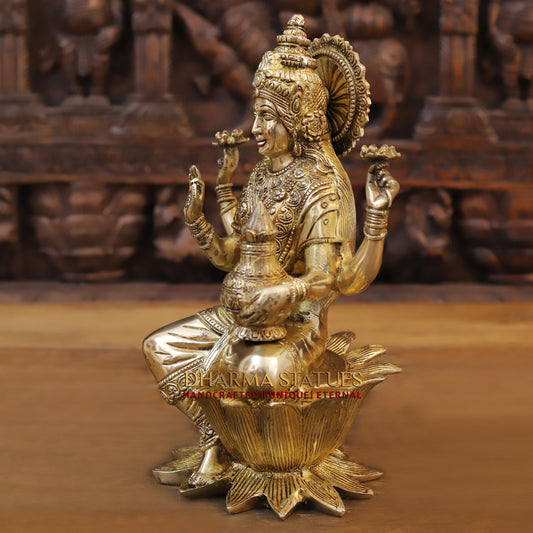 Brass Lakshmi seated on Lotus, Blessing Posture, Golden Finish, 12"