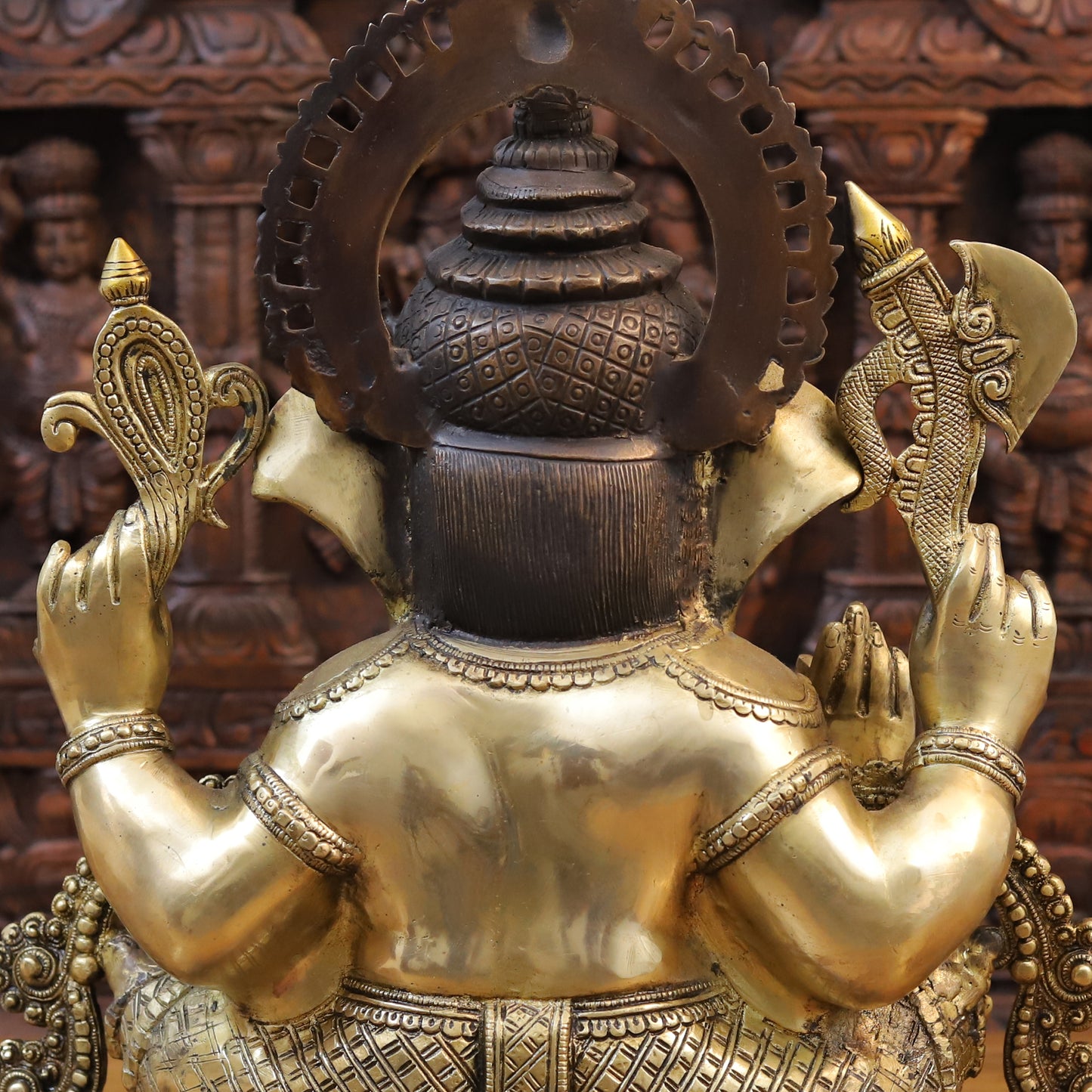 Brass Ganesh seated on Base with Fine Carved jewelry, Copper & Golden Finish, 19.5"